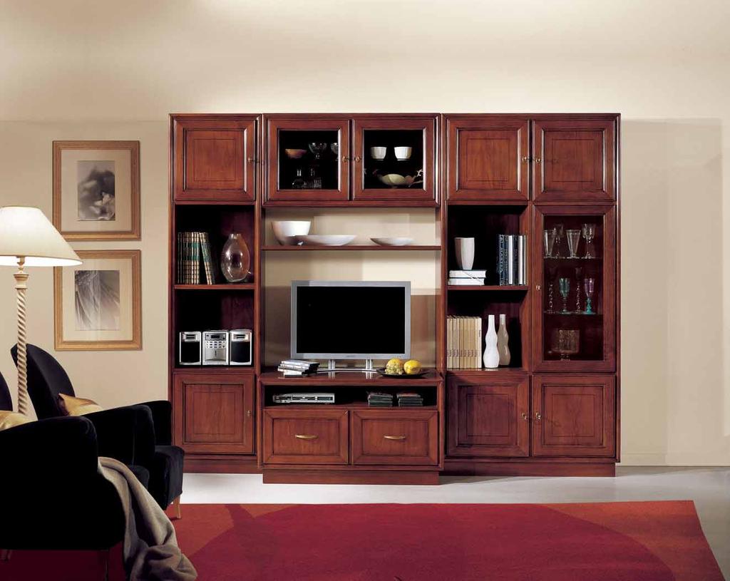 Soggiorno componibile in legno, Living-room unit-furniture wooden cm. L. 277 x P.F.37 x P.C. 52 x H. 225 Anta liscia con filetto Plain panel with fillet Articolo 6281/L.F. Anta filetto e intarsio Plain panel with fillet and inlay ARTICOLO 6281/F.