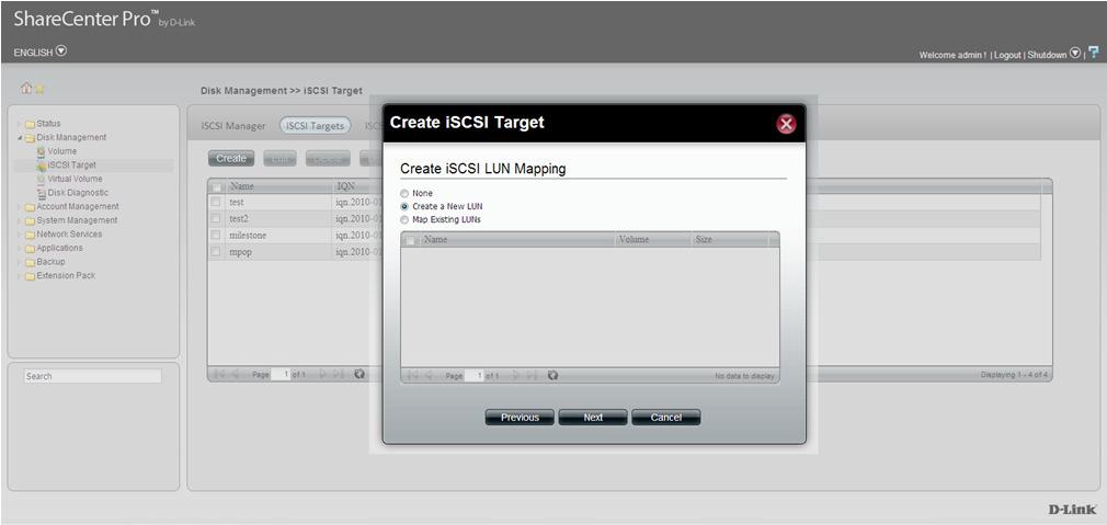 Istruzioni (3) Selezionare ISCSI target -> Create Inserire il nome del Target (a scelta dell utente) e scegliere se si vuole abilitare il protocollo CHAP per l