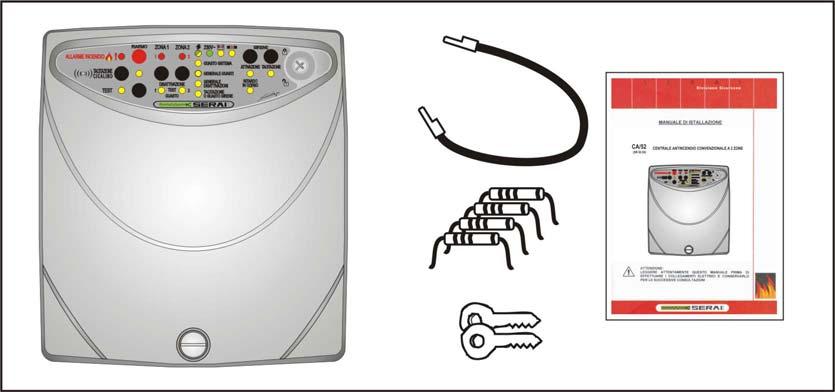 1.3 Contenuto della confezione Dopo la rimozione della centrale dalla scatola originale, verificare la presenza del seguente materiale: 1 centrale di rivelazione incendi CA/52 (2 zone), 4 resistenze