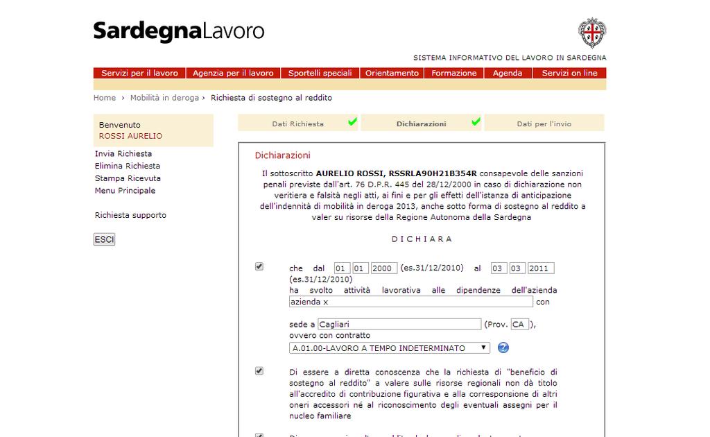 1.2.2 Sezine Dichiarazini In tale sezine è visualizzat l'elenc delle dichiarazini che il Cittadin è tenut a sttscrivere al fine di inviare la richiesta di sstegn al reddit.