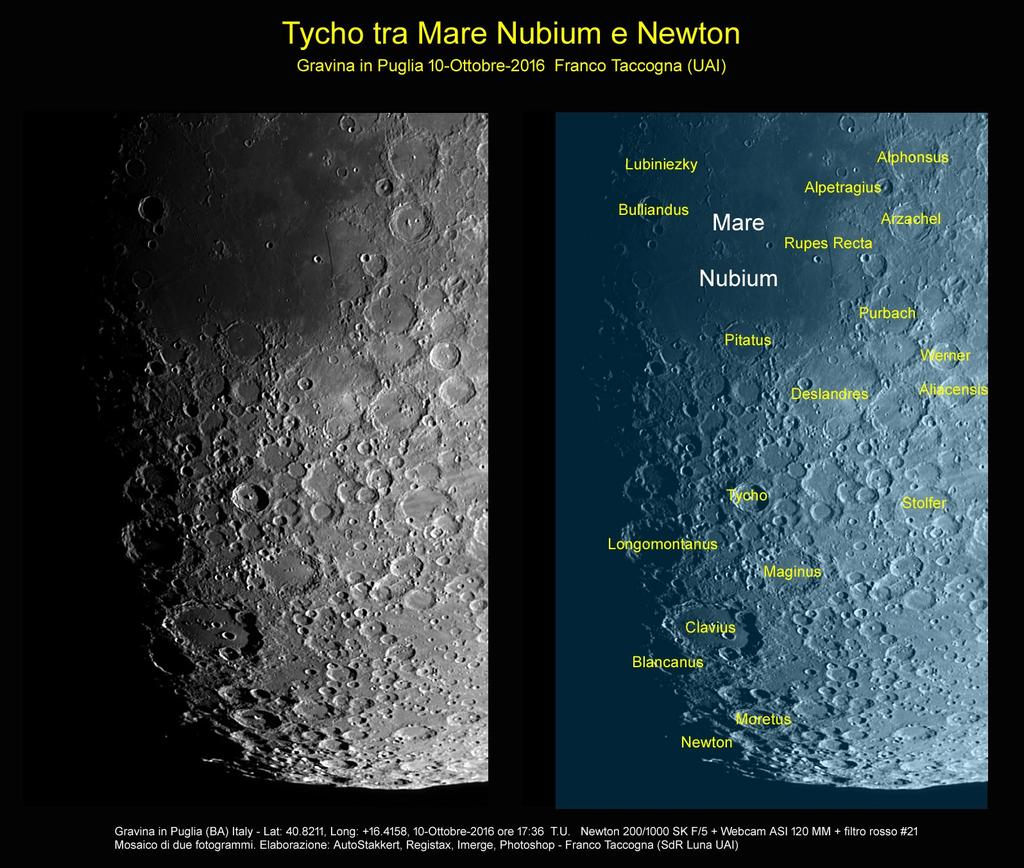 Le foto della Sezione di Ricerca Luna - UAI..La regione meridionale della Luna, la zona di Tycho compresa tra Mare Nubium e il cratere Newton ancora in ombra.