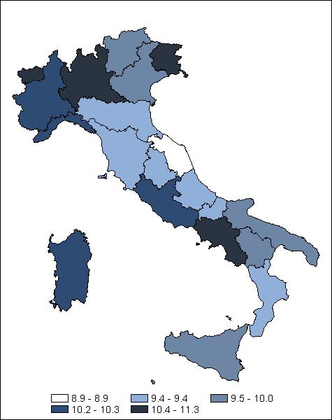 CONFRONTO CON L ITALIA Mortalità generale nelle regioni italiane. standardizzato* per 1.000 abitanti Anno 2001 Uomini Donne ITALIA 10 ITALIA 5.