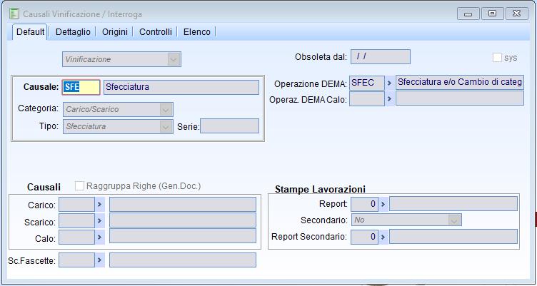 Sfecciatura La causale di Sfecciatura è configurata come segue: Nella scheda dettaglio è necessario configurare l articolo FECCIA nella voce con tipo SFEC2.