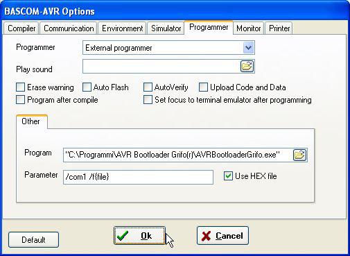 grifo ITALIAN TECHNOLOGY /comx /f<file per FLASH> Porta seriale del PC usata per la comunicazione (COM1 COM16).