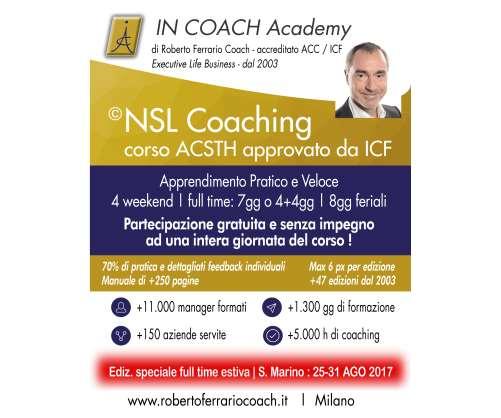 Le modalità di coaching offerte Roberto Ferrario spiega: Il mio metodo si chiama NSL Coaching, approvato da ICF, è applicabile sia in ambito personale sia aziendale.