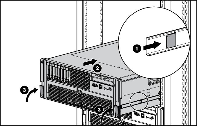 3. Dopo aver completato le operazioni di installazione o manutenzione necessarie, far scorrere il server nel rack premendo le levette di rilascio delle guide del server.