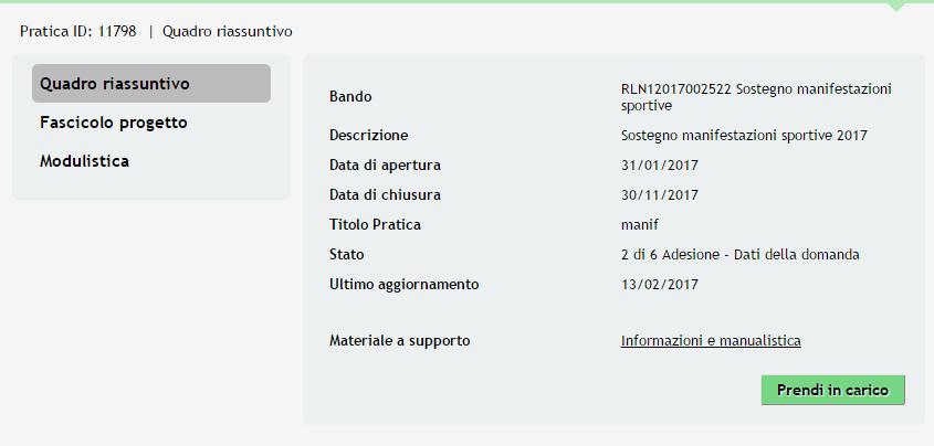 Figura 30 Quadro Riassuntivo Prendi in carico Fascicolo progetto: