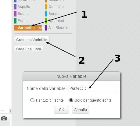 selezionare lo sprite del fantasma e andare nell area Script 1 selezionare il blocco Variabili e liste 2 cliccare su Crea una variabile. 3 dare alla variabile il nome Punteggio.