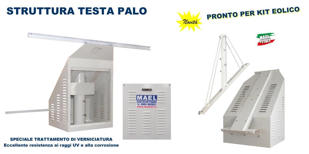 STRUTTURA TESTA PALO, VERNICIATA CON POLVERE POLIESTERE (contenitore batterie + struttura fissaggio moduli fv + predisposizione per Kit Eolico) La struttura testa palo, composta dalle barre per il