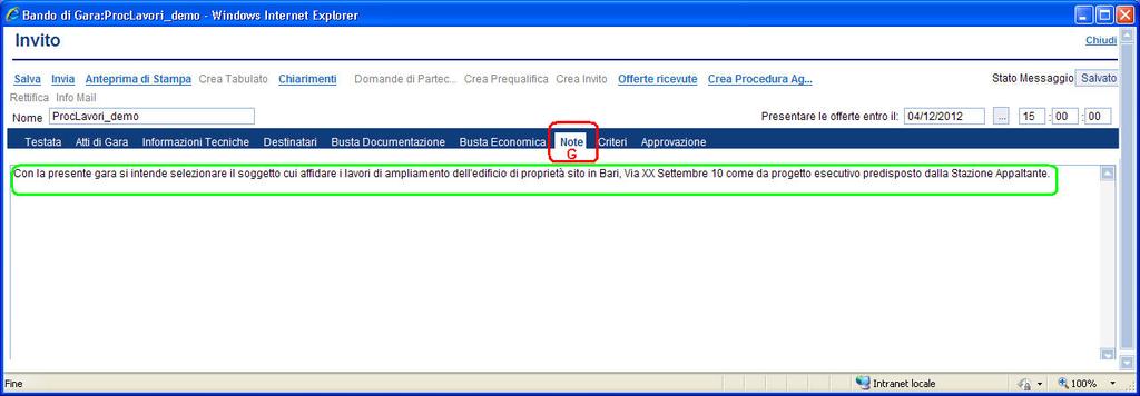 Sezione Note (G) La sezione consente l inserimento di note descrittive