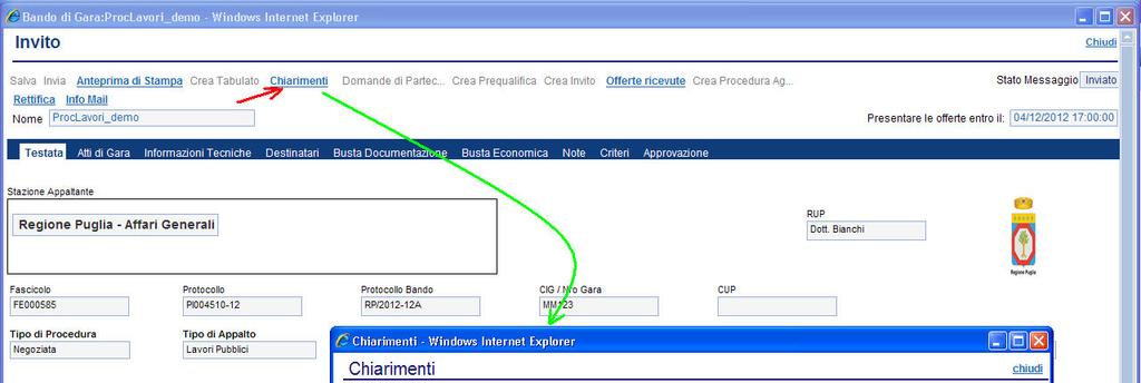 Chiarimenti La funzione consente di visualizzare la lista dei quesiti inviati dalle Imprese che necessitano maggiori approfondimenti e chiarimenti in merito alla