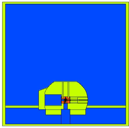 Sigla identificazione 6 4 a) b) Figura 3 Sezione laterale (a) e in pianta (b) della geometria TAPIRO dopo le mofiche. Sono state aggiunte la sala reattore e le mura perimetrali.