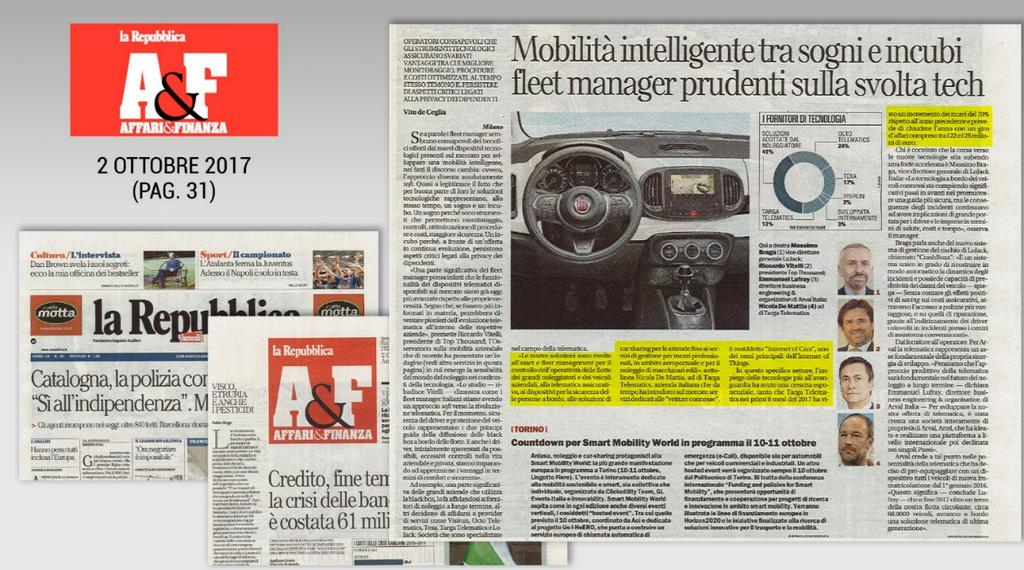 Mobilità intelligente tra sogni e incubi fleet manager prudenti sulla svolta tech 02 Ottobre 2017 La Repubblica Inserto Affari & Finanza (p.