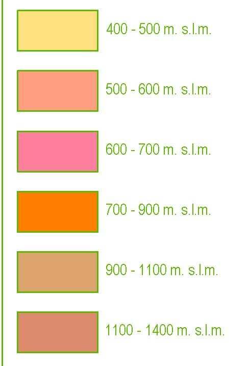 Nell ambito delle definizioni comunemente adottate di pianura ( 250-300 slm), collina ( 500-600 slm), montagna ( 600 slm), la suddivisione in fasce ha utilizzato una scala appropriata.