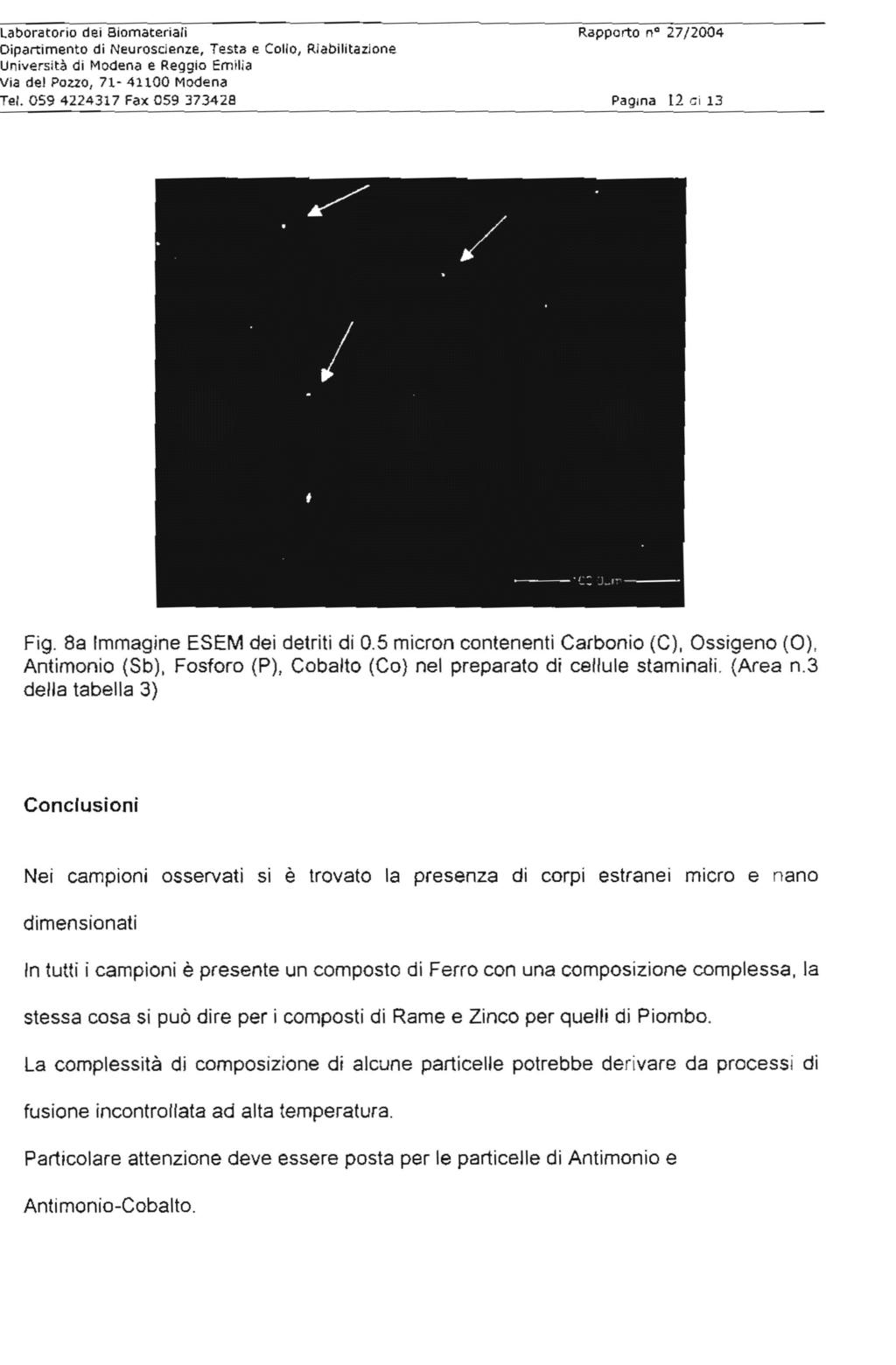 Laboratorio dei Biomateriali Rapporto ne 27/2004 Dipartimento di Neuroscienze, Testa e Collo, Riabilitazione el. 059 4224317 Fax 059 373428 Pagma I2 ci 13 Fig. 8a Immagine ESEM dei detriti di 0.