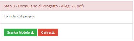 12 - Step 3 Formulario di Progetto Il Candidato, vedrà una apposita pagina della piattaforma, in cui potrà selezionare il documento in formato pdf cliccando sul pulsante grigio Scegli file, e