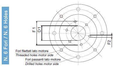 filettato lato motore Axis aligned with 1 threaded hole on motor side Codice Part number D1 F1 F2 Fori Borings N.