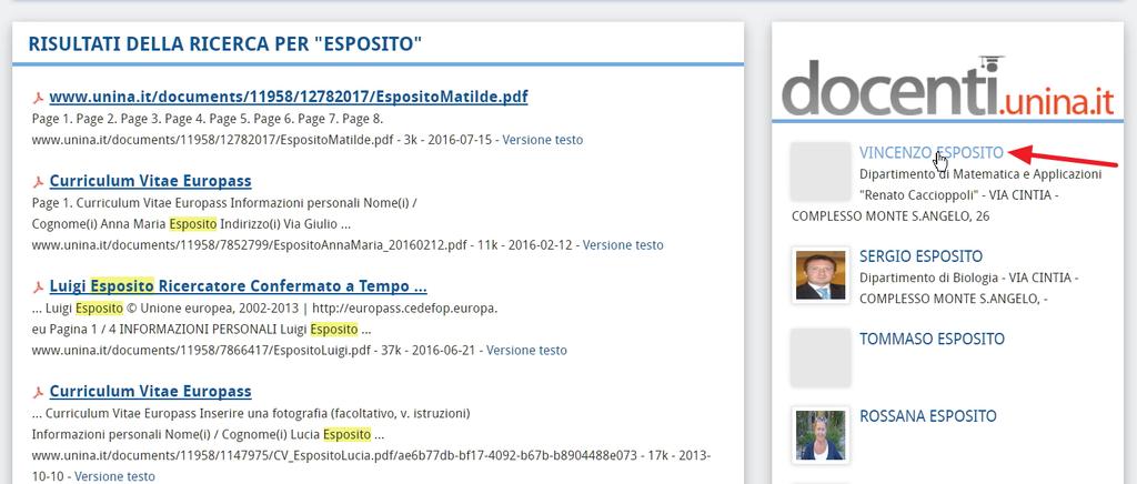 Sia sul portale Unina che sui nuovi siti web dei dipartimenti, se il termine utilizzato nella finestra di dialogo corrisponde al cognome di un docente dell'ateneo, il sistema