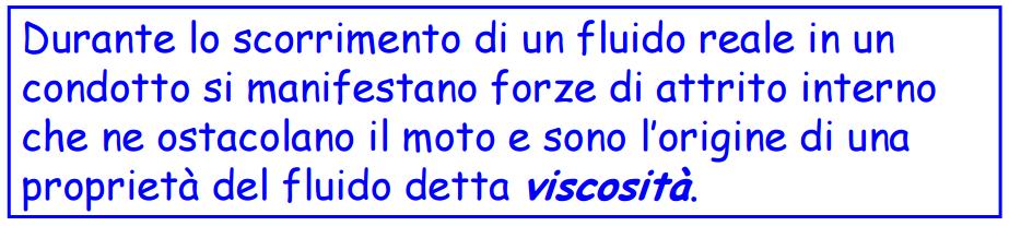 Fluidi Reali Il moto del fluido in un condotto cilindrico si può assimilare a quello di un fluido distribuito in cilindri concentrici che scorrono coassialmente l uno dentro l altro con velocità