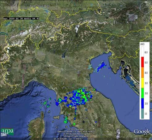 Il giorno 30 le precipitazioni si manifestano principalmente nel Centro e Sud Italia, anche se con qualche isolato fenomeno al Nord. Mappa di riflettività del 30/01/2010 alle 04.