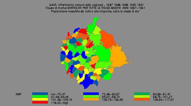 Mortalità per tutte le cause in centroide con raggio di 37 km avente per capocentro Volturino (Maschi) mappa di frequenza 1981-1986 1987-1991 93,81 96,58 199-1996 1997-1 84,64 117,44