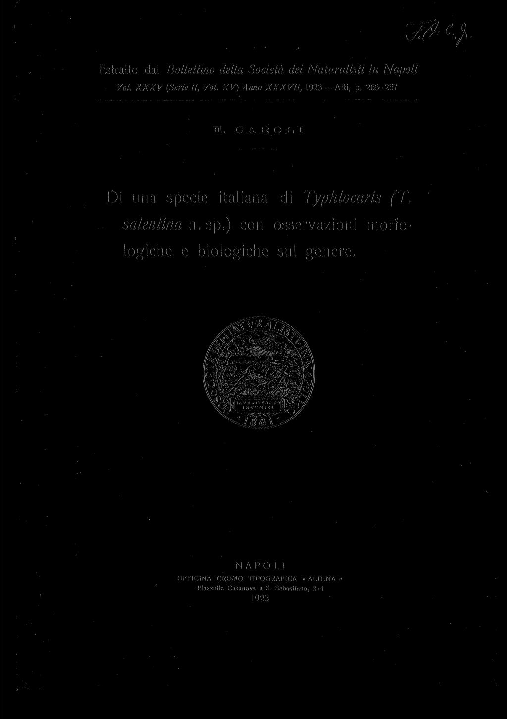 Estratto dal Bollettino delta Societa del Naturalisti in Napoli Vol XXXV (Serie II, Vol XV) Anno XXXVII, 1923 - Atti, p. 265-267 E.