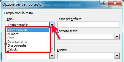 . TIPI DI CAMPI MODULO Microsoft Word permette la gestione di 3 tipi di campo modulo che permettono di inserire: TESTO un testo, numero o data qualsiasi ELENCO A DISCESA testo