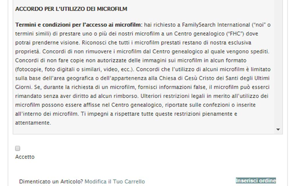 19. Ricontrolla il tuo ordine e leggi l accordo sull utilizzo dei microfilm. In fondo, clicca Accetto. 20. Poi clicca Ordina. 21. Compila le informazioni per il pagamento. a. Per pagare con carta di credito, inserisci i dati della carta e clicca Ordina.