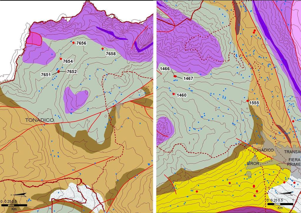 Figura 2 : mappa litologica e strutturale schematica delle due porzioni del territorio comunale con l ubicazione delle sorgenti selezionate ed analizzate (in rosso) con il relativo codice.