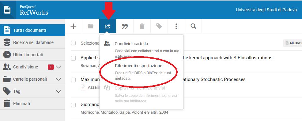 Esportare i riferimenti da RefWorks a LaTex. Per utilizzare le citazioni salvate in RefWorks con LaTex è necessario prima esportarle in formato BibTex e salvarle nel modo corretto. 1.