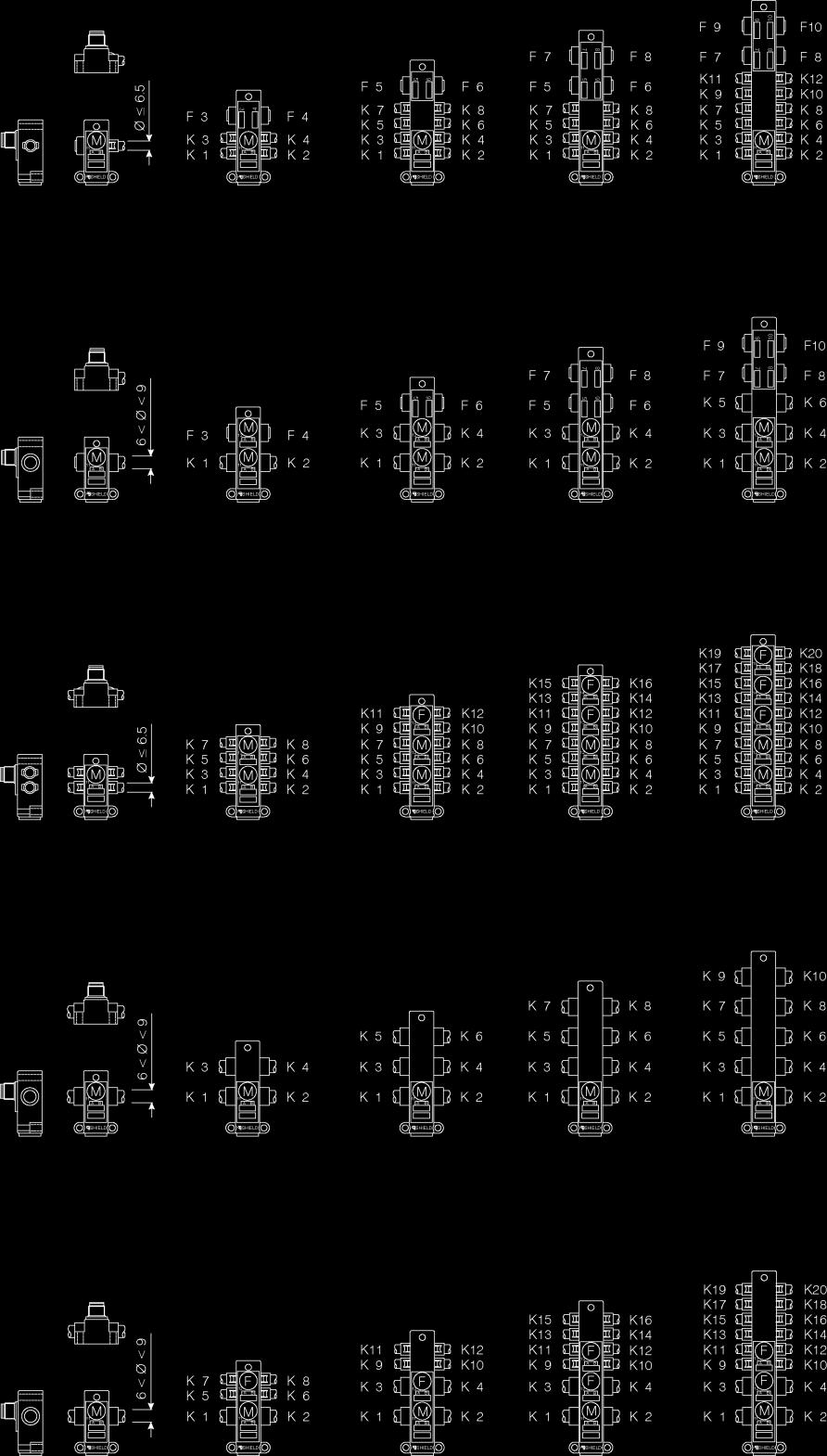 DISTRIUTION OXES SCTOLE DISTRIUZIONE version 110125 + = SD31P0 control connection = top assembling, with M12 connector abbreviations in the drawings: F = female connector, M = male connector, K =