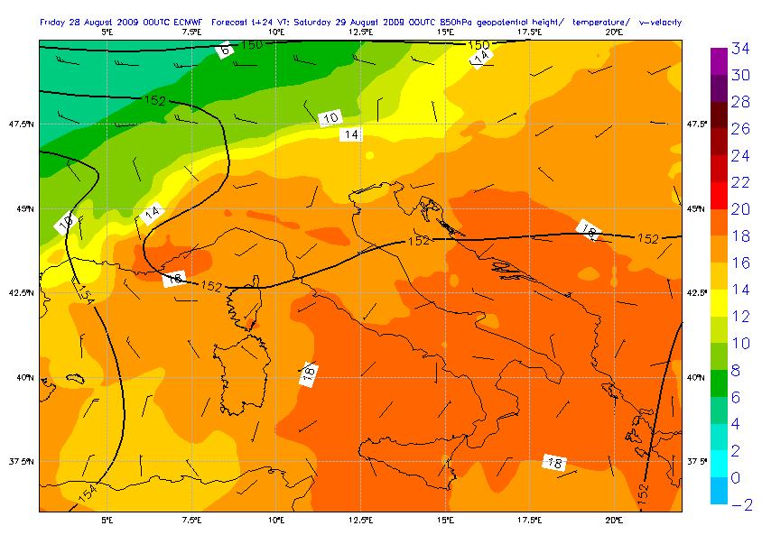 Fig 2a Superficie isobarica a 850 hpa (circa 1400 metri) del 29 agosto 00UTC.