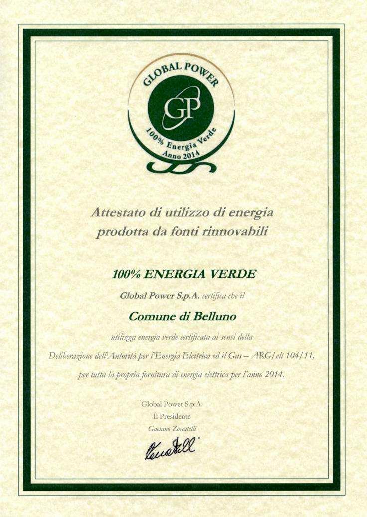 Certificazione CEV: uso di energia verde 100% ENERGIA VERDE Per ridurre il proprio