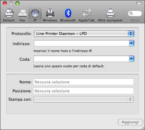 STAMPA DA MAC OS X 21 PER AGGIUNGERE UNA STAMPANTE CON IL COLLEGAMENTO IP 1 Fare clic sull icona IP nella finestra di dialogo.