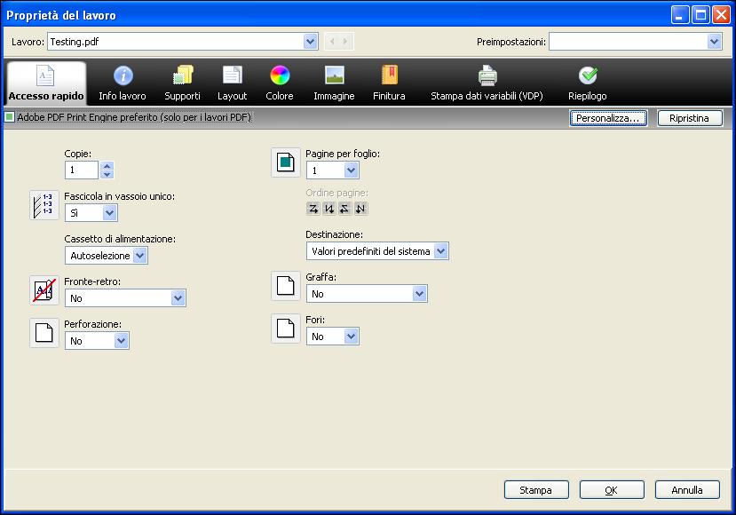 METODI DI STAMPA 82 Stampa di più file con APPE Se si apre Proprietà del lavoro per file di tipo diverso, l opzione Adobe PDF Print Engine preferito appare solo se uno dei file selezionati è un PDF.