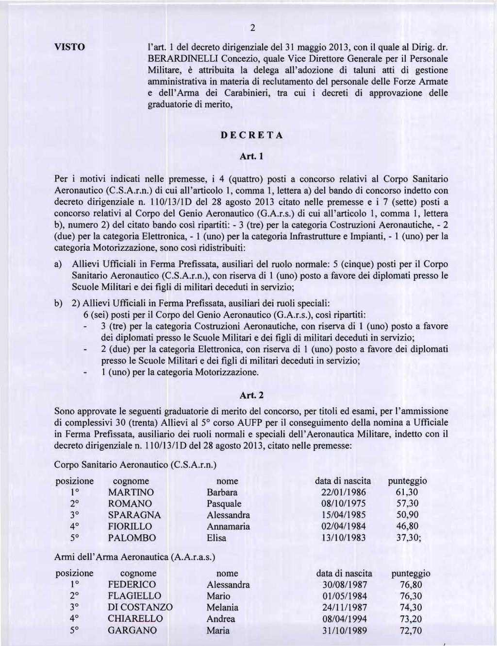 2 l'art. 1 del decreto dirigenziale del 31 maggio 2013, con il quale al Dirig. dr.