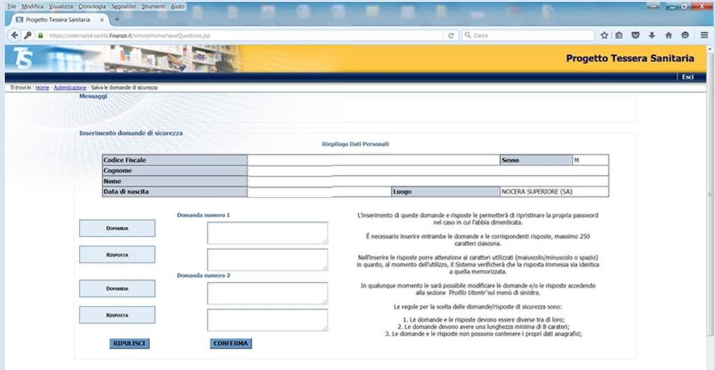 domande di sicurezza e le corrispondenti risposte da utilizzare nel caso