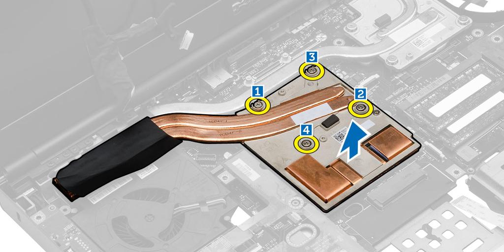 3. Effettuare le seguenti operazioni per rimuovere il dissipatore di calore della scheda video: a. Disconnettere il cavo LVDS [1]. b.