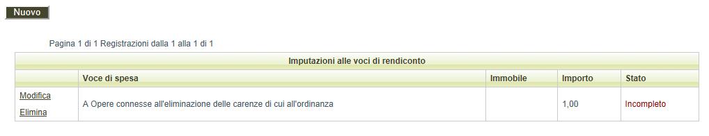 IMPUTAZIONE ALLE VOCI DI RENDICONTO Per inserire i dati relativi al dettaglio delle imputazioni delle voci a rendiconto cliccare sul pulsante Nuovo.