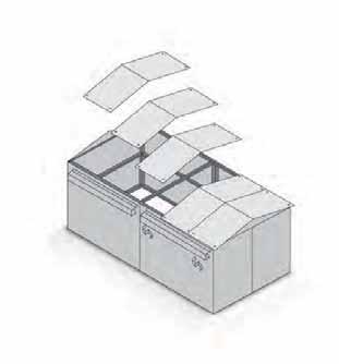 BOX PREFABBRICATO FG11-TP Box prefabbricato in lamiera preverniciata con tetto a due pendenze TETTO Il tetto è formato da fogli di robusta lamiera gracata preverniciata (spessore