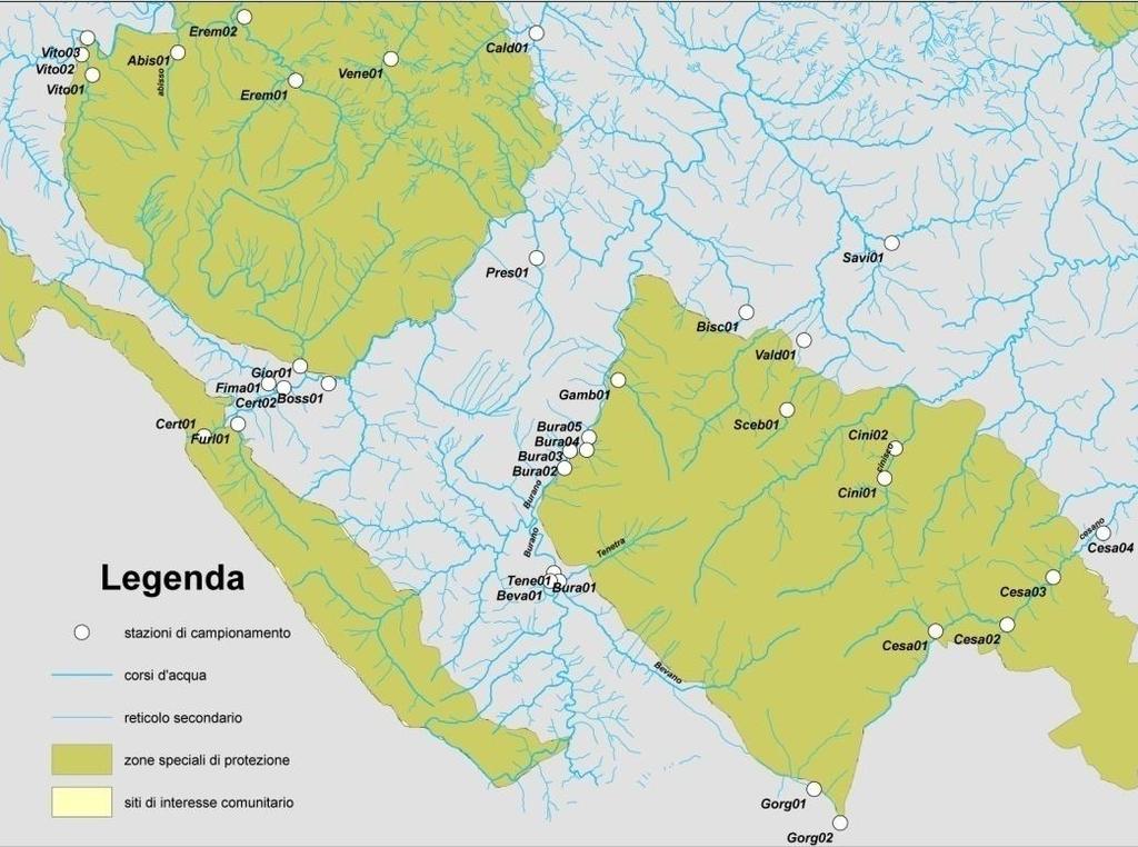 L area di indagine comprende i tratti montani e pedemontani di diversi corsi d acqua appartenenti ai principali bacini idrografici della provincia di Pesaro Urbino, per un totale di 22 stazioni di