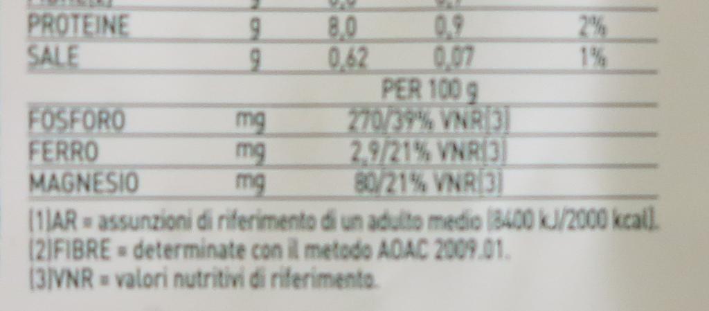 zuccheri g polioli g amido g Fibre g Proteine g Sale g Vitamine e Sali minerali (unità di