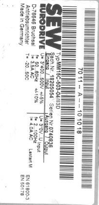 4 Struttura dell'unità Convertitore MOVIMOT Targa dati del convertitore (esempio) 57800AXX MM 15 C 503 04/II3D Gruppo unità II Categoria 3D (protezione antideflagrante dalle polveri combustibili)