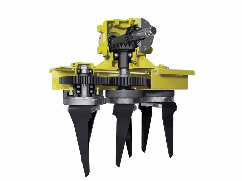 The minimization of the distance between gear case and tine holder leads the flow of soil towards the blades, allowing a perfect shredding and an unmatched work with both 2 or 3 blades machines.