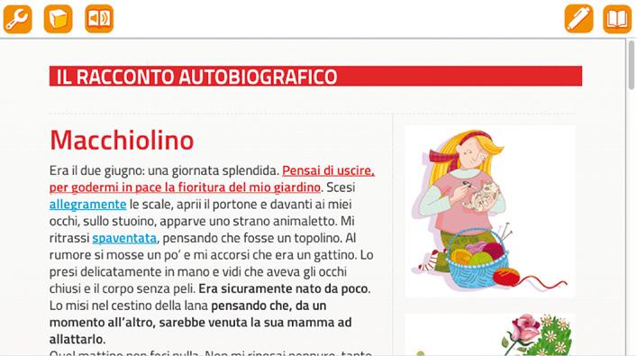 Il Libro Accessibile, grazie al formato html, consente di adattare la visualizzazione alle differenti esigenze, aiutando nello studio tutti i bambini e, in particolare, quelli con difficoltà di