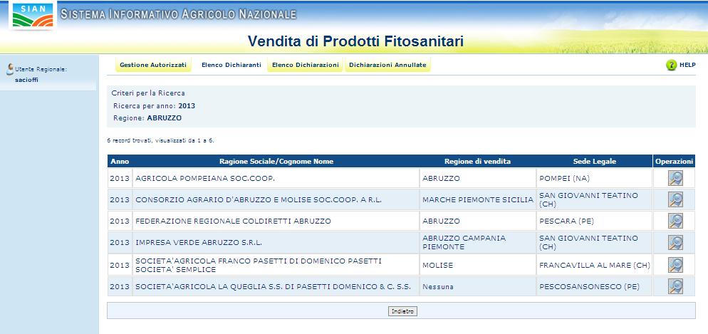 La funzione permette di visualizzare l elenco dei dichiaranti a fronte dei parametri di ricerca impostati.