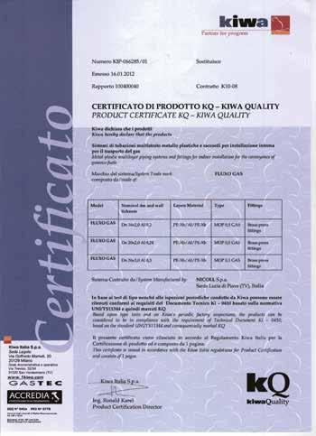 La certificazione di sistema, intesa come giunzione perfetta tra tubo e raccordi a pressare della stessa linea Fluxo Gas, rilasciata dal prestigioso istituto Kiwa Quality, attesta l idoneità all