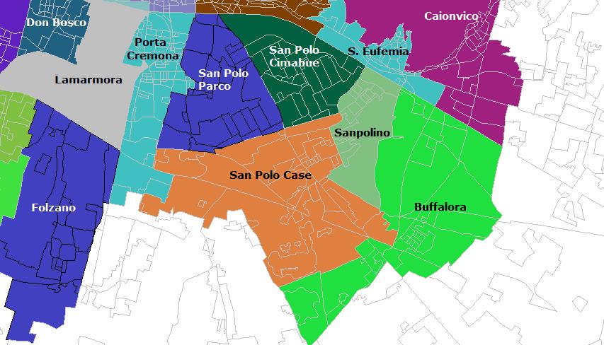 Consulte di Quartiere: ipotesi di suddivisione del Quartiere San Polo Tabella 3 - Popolazione residente 31-12-2012 San Polo Situazione attuale e Ipotesi di suddivisione Cod Descrizione Attuale