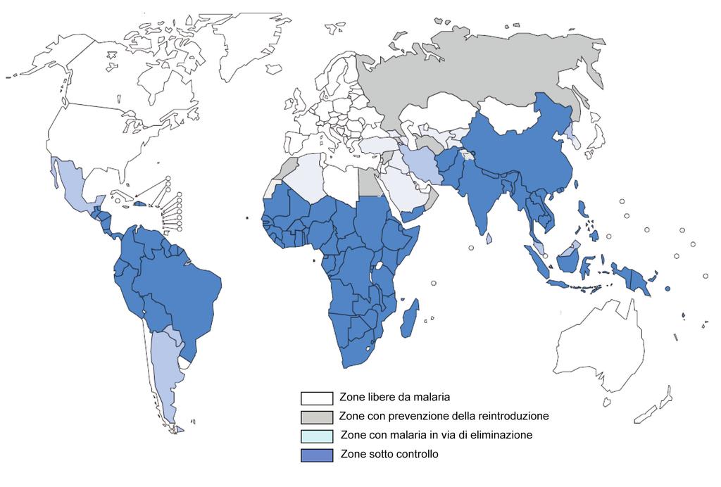 REVIEWS RASSEGNE Figura 1 Distribuzione dei paesi dove la malaria è endemica, raggruppati in base alle diverse fasi previste dal progetto WHO di eliminazione della malaria (da rif. 1, modificato).