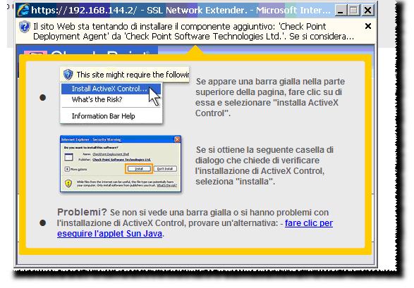 Durante il primo collegamento può apparire un pop-up nel quale si richiede conferma dell autorizzazione a scaricare il componente.